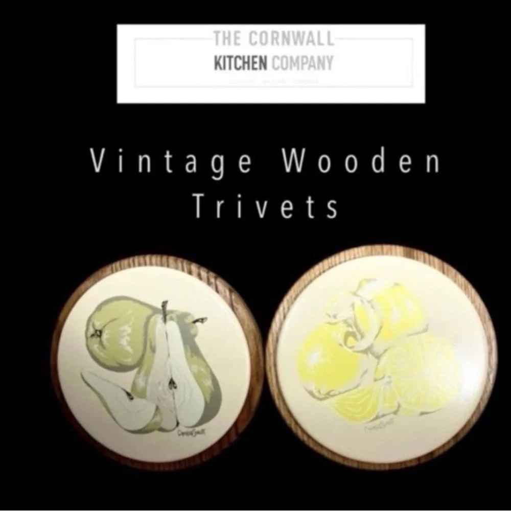Vintage Hand Painted Oak Wood Trivets Fruit Motif Pear Lemon Set of 2